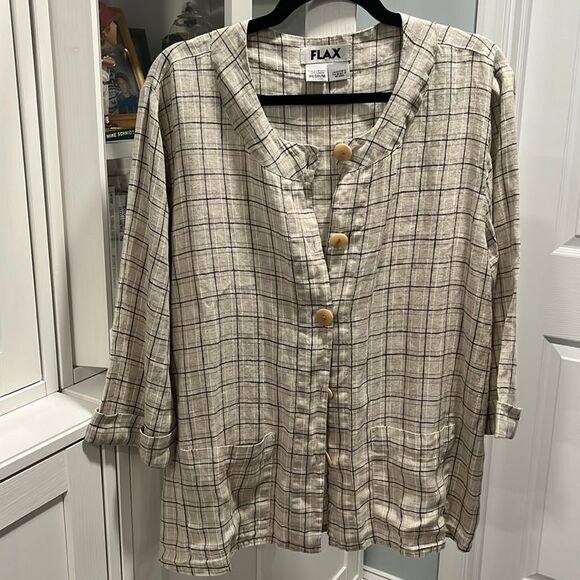 FLAX Beige and Black Plaid Check Linen Summer Jacket, Size M - Picture 1 of 10